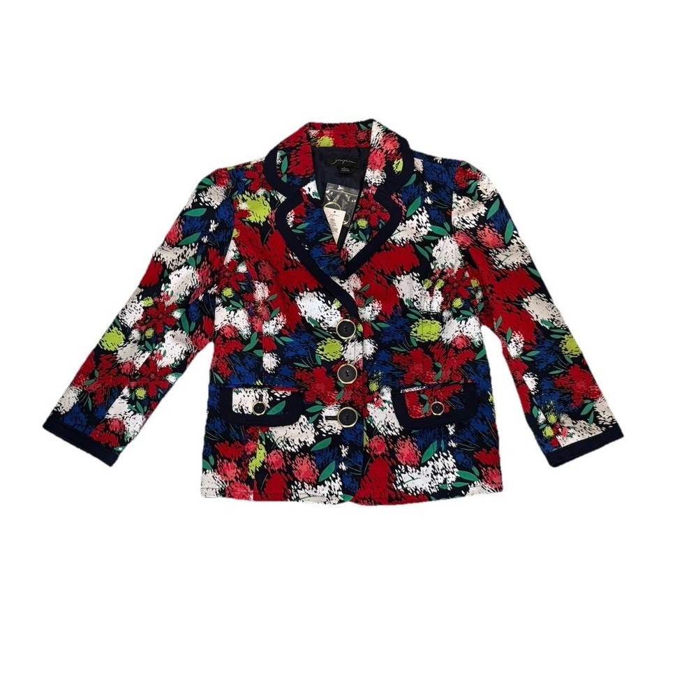 JOSEPHINE Dark Navy Floral Colorful Blazer Fully Lined, Well Made Pockets NWT 4